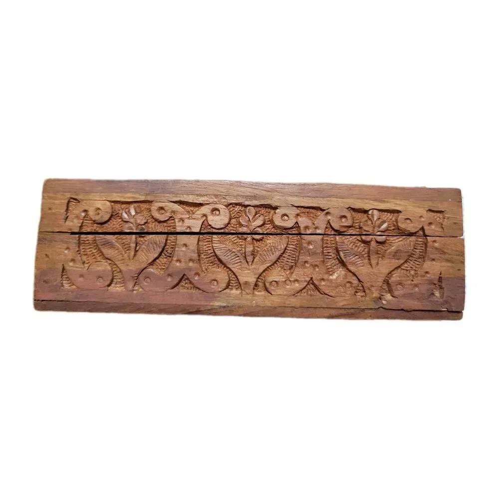 VTG PIER 1 IMPORTS HAND CARVED WOOD Jewelry Trinket Box Blue interior 6x8 Y2K
